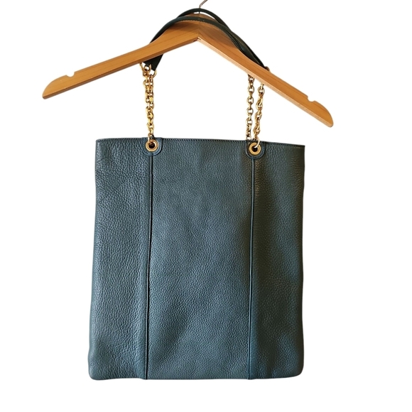 Tahari Elegant teal Green Leather Tote Bag purse shoulder bag gold chain strap - Picture 3 of 5
